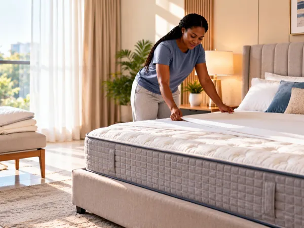 Sunlit bedroom bedding preparation