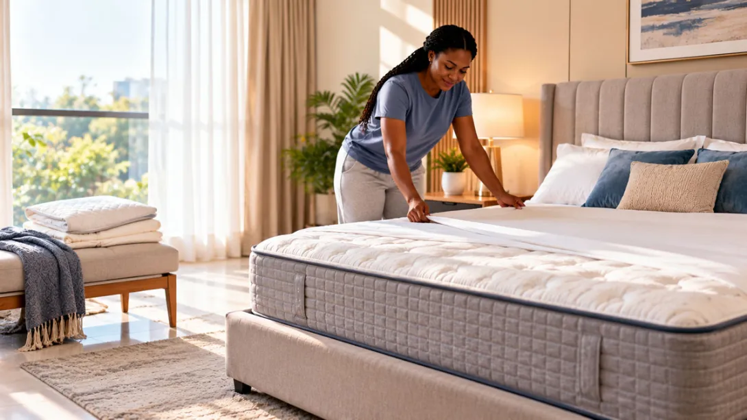 Sunlit bedroom bedding preparation